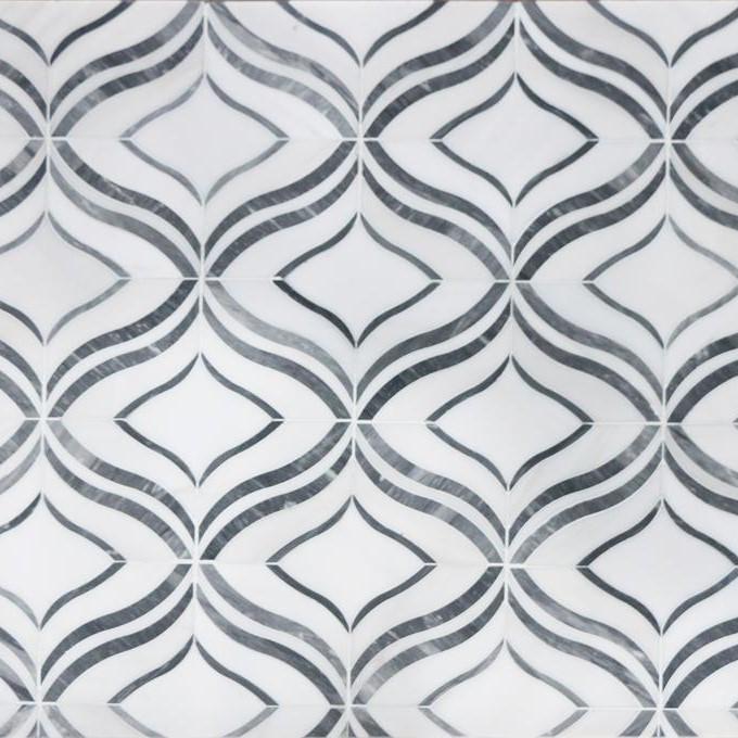 White Thassos and Palissandro Blue Marble Waterjet Mosaic Tile in Blue Ribbons | TileBuys
