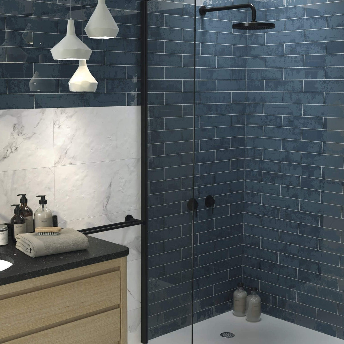 Walk In Shower with Blue 3x12 Subway Tile Walls
