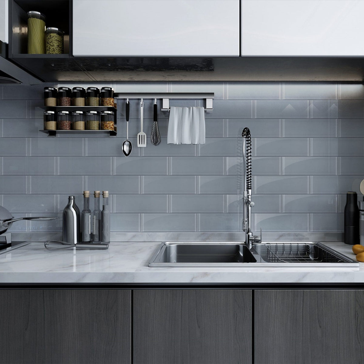 Kitchen Sink and Cabinets with Gray Glass 4x12 Tile Backsplash