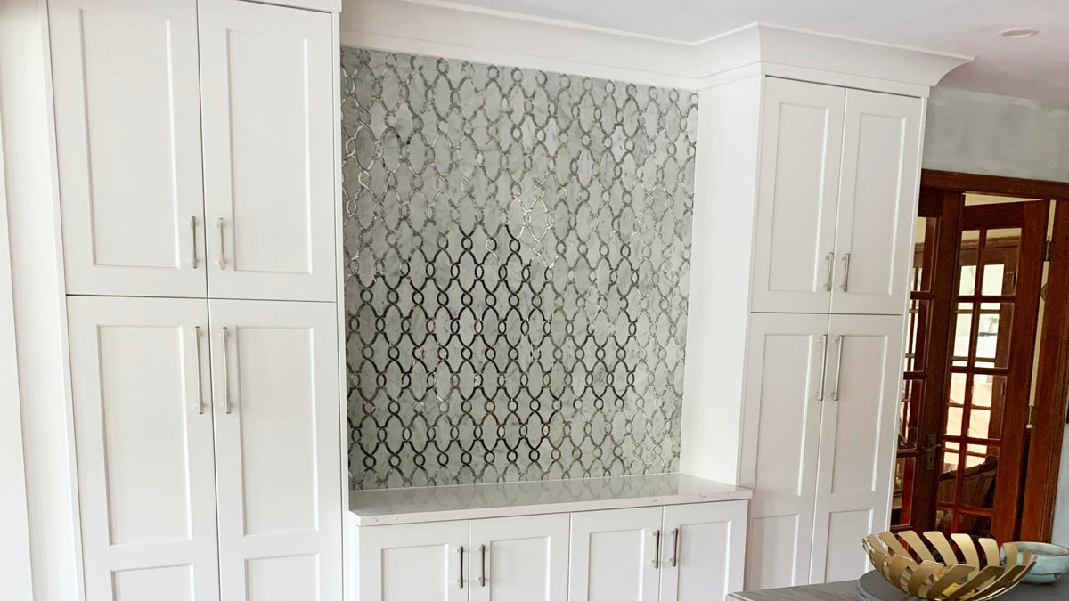 Bellagio - Carrara with Thassos or Antique Glass Waterjet Mosaic Tiles - TileBuys