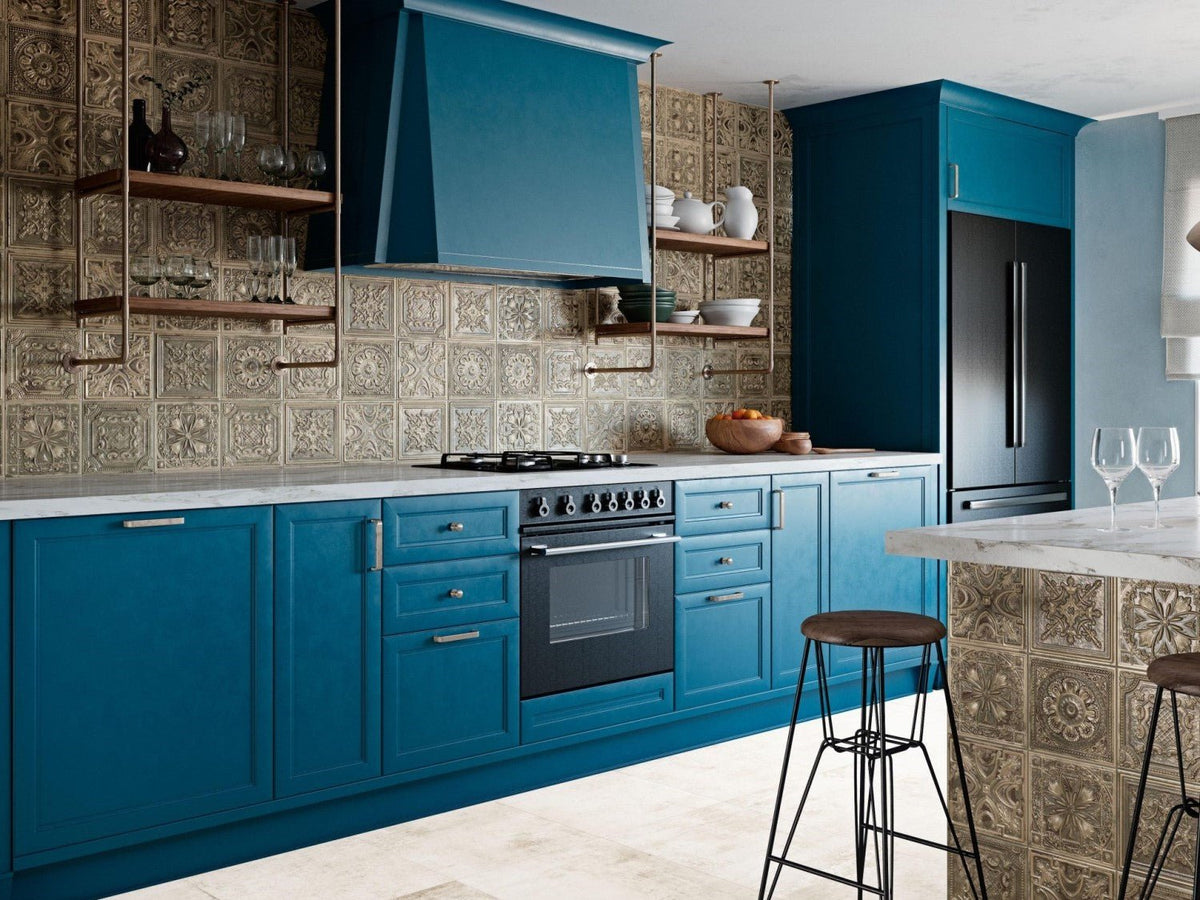 Kitchen with Blue Cabinets and Copper Look Ceramic Tile Backsplash