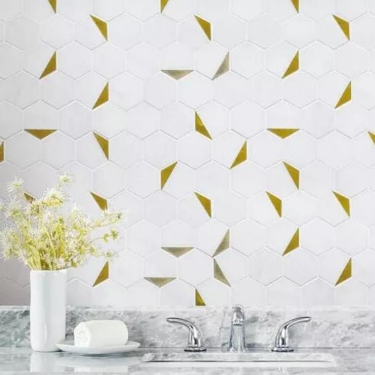 Royal White Marble Hexagon Tile with Gold Trim - TileBuys