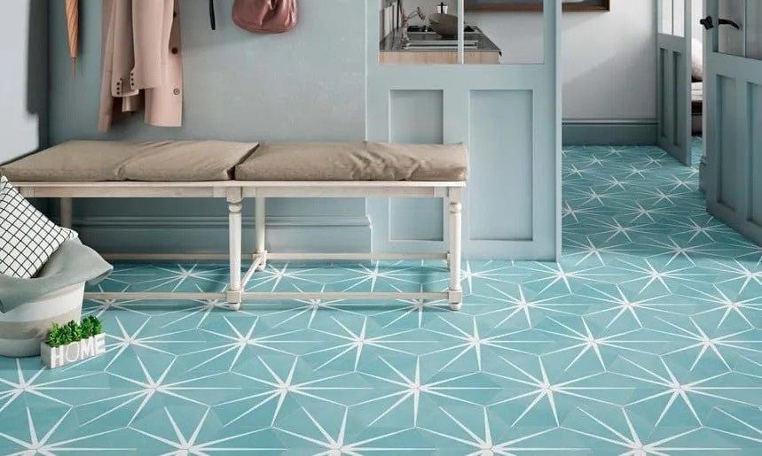 Mudroom with Aqua Starline Pattern Porcelain Tile Floor