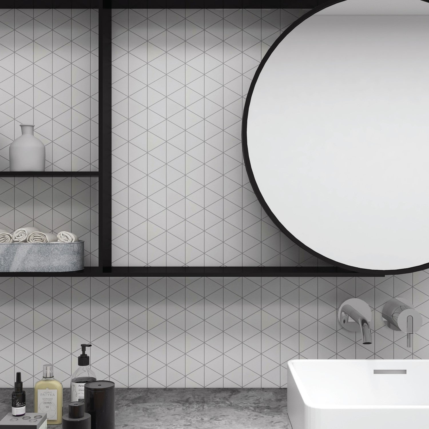 White Triangle Mosaic Tile Bathroom Backsplash