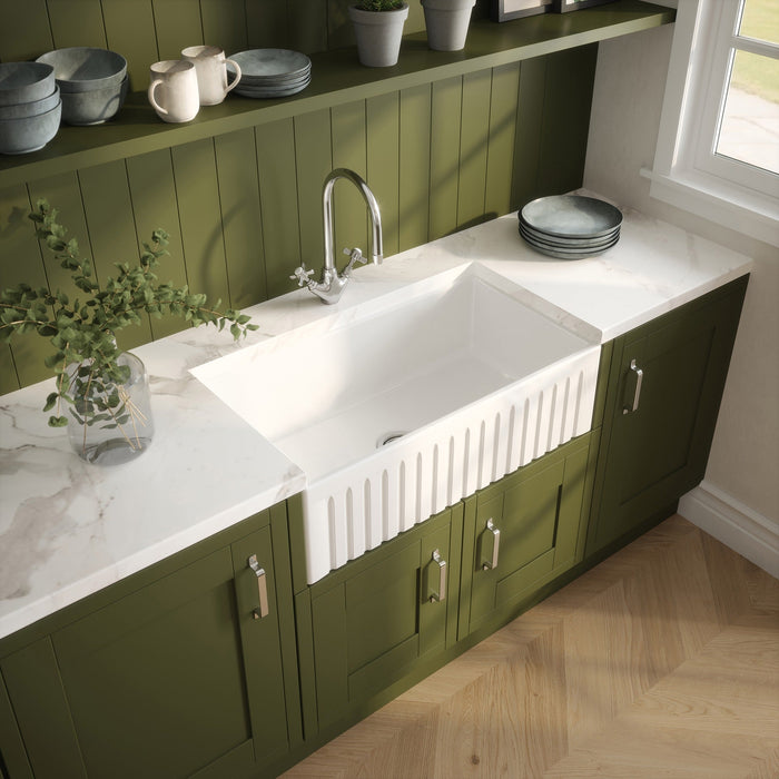 24 In. Fireclay Reversible White Apron Front Kitchen Sink - TileBuys