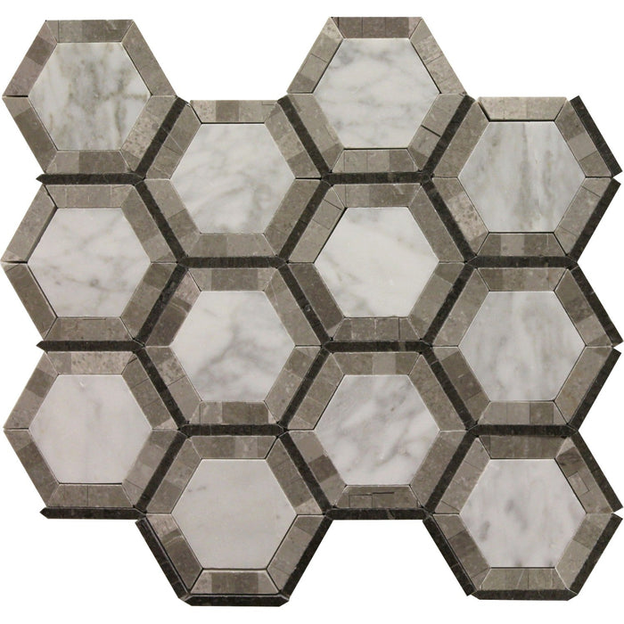 Closeup of White and Gray Marble Hexagon Mosaic Tile