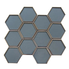Steel Blue Glass Silver Trim Hexagon Mosaic Tile