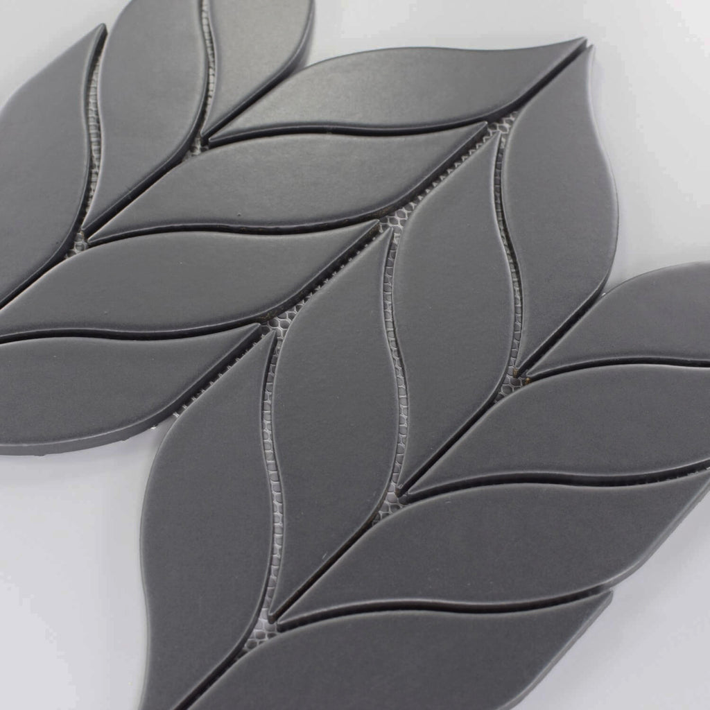 Matte Black Ceramic Leaf Mosaic Tile