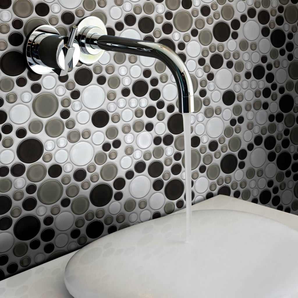 Brown, Beige & White Glass Mosaic Penny Circle Round Tile