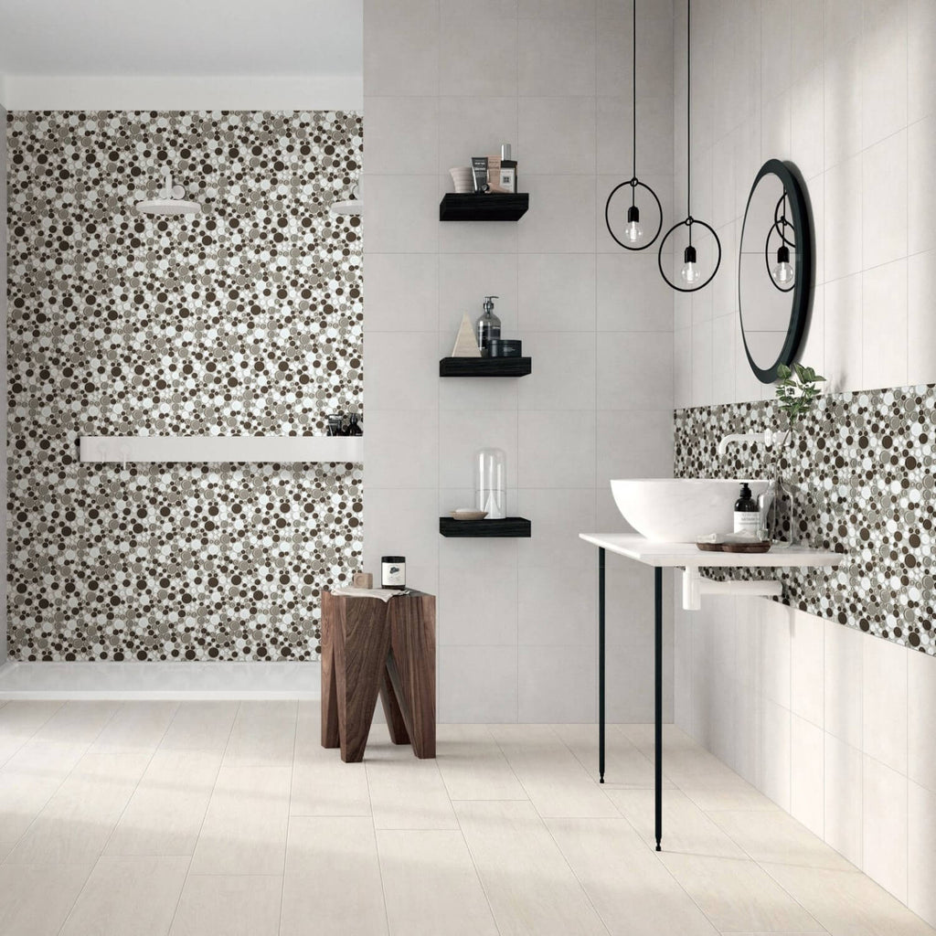 Brown, Beige & White Glass Mosaic Penny Circle Round Tile
