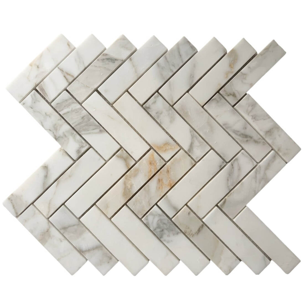 Calacatta (Calcutta) Gold Marble 1x4” Herringbone Mosaic Tile