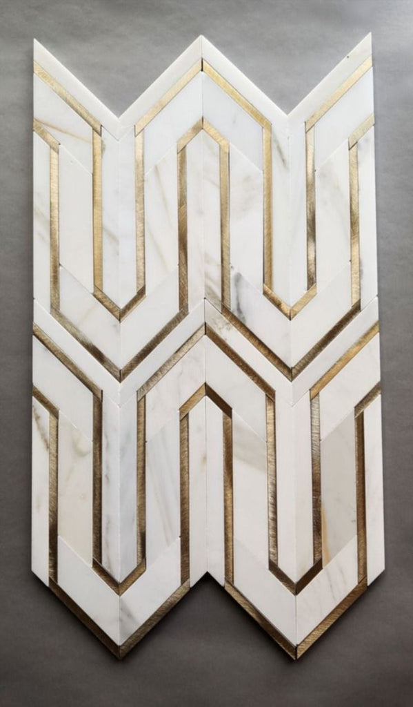 Calacatta Marble and Gold Metal Waterjet Mosaic Tile in Greek Key Meandros