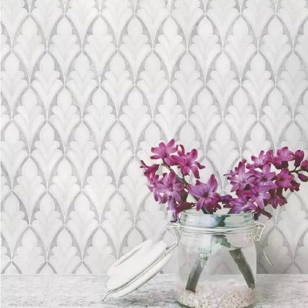 Geometric Floral Pattern Waterjet Mosaic Tile in White Thassos & Carrara Marble | TileBuys