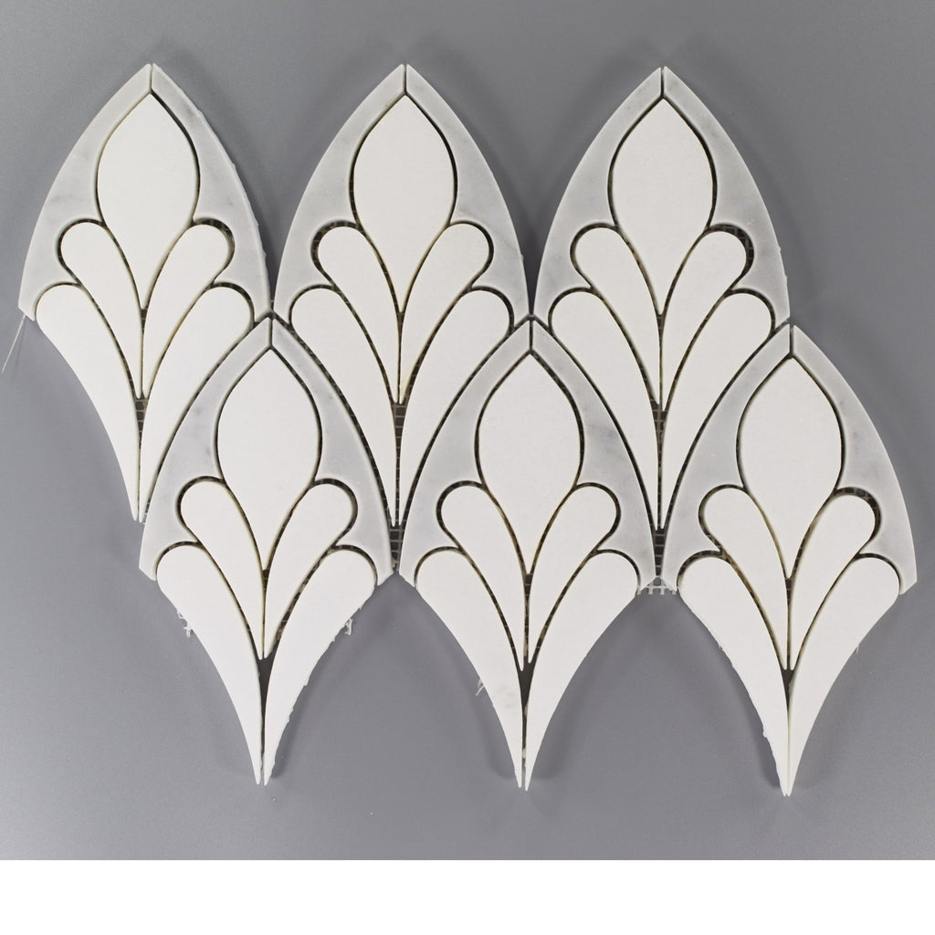 Geometric Floral Pattern Waterjet Mosaic Tile in White Thassos & Carrara Marble | TileBuys