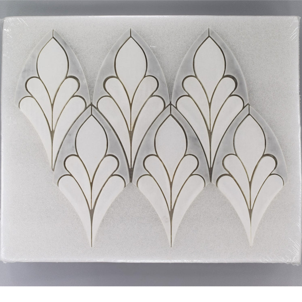 Geometric Floral Pattern Waterjet Mosaic Tile in White Thassos & Carrara Marble | TileBuys