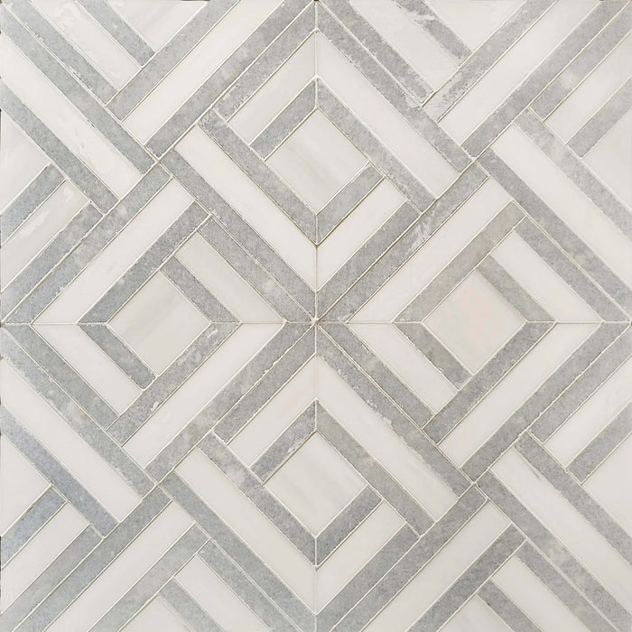 Dolomite & Blue Celeste Marble Lattice Weave Waterjet Mosaic Tile