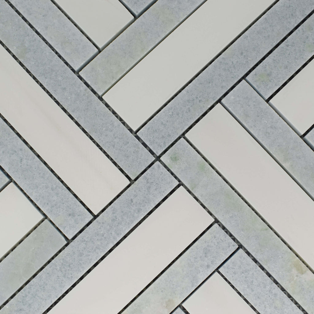 Dolomite & Blue Celeste Marble Lattice Weave Waterjet Mosaic Tile