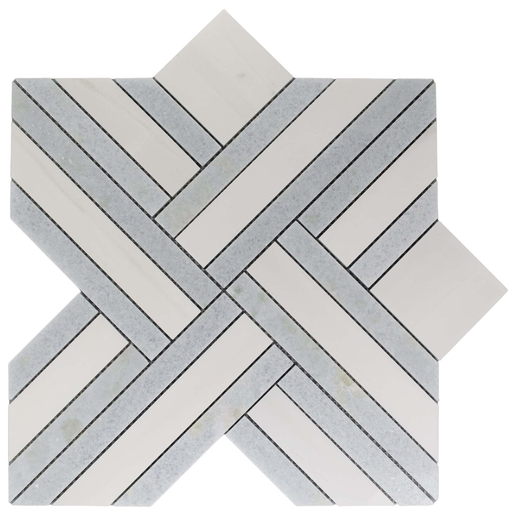 Dolomite & Blue Celeste Marble Lattice Weave Waterjet Mosaic Tile