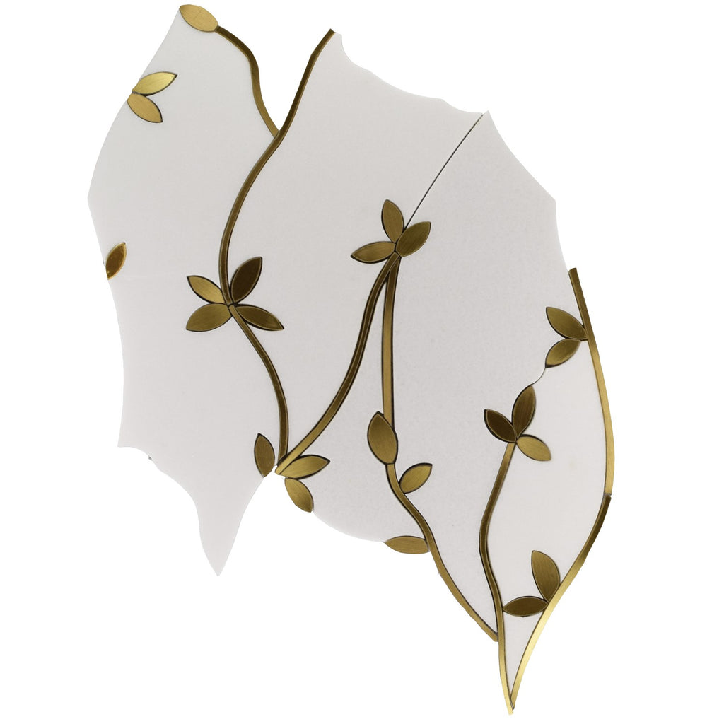 Golden Wild Flowers Waterjet Mosaic Tile in White Thassos Marble & Brass | TileBuys