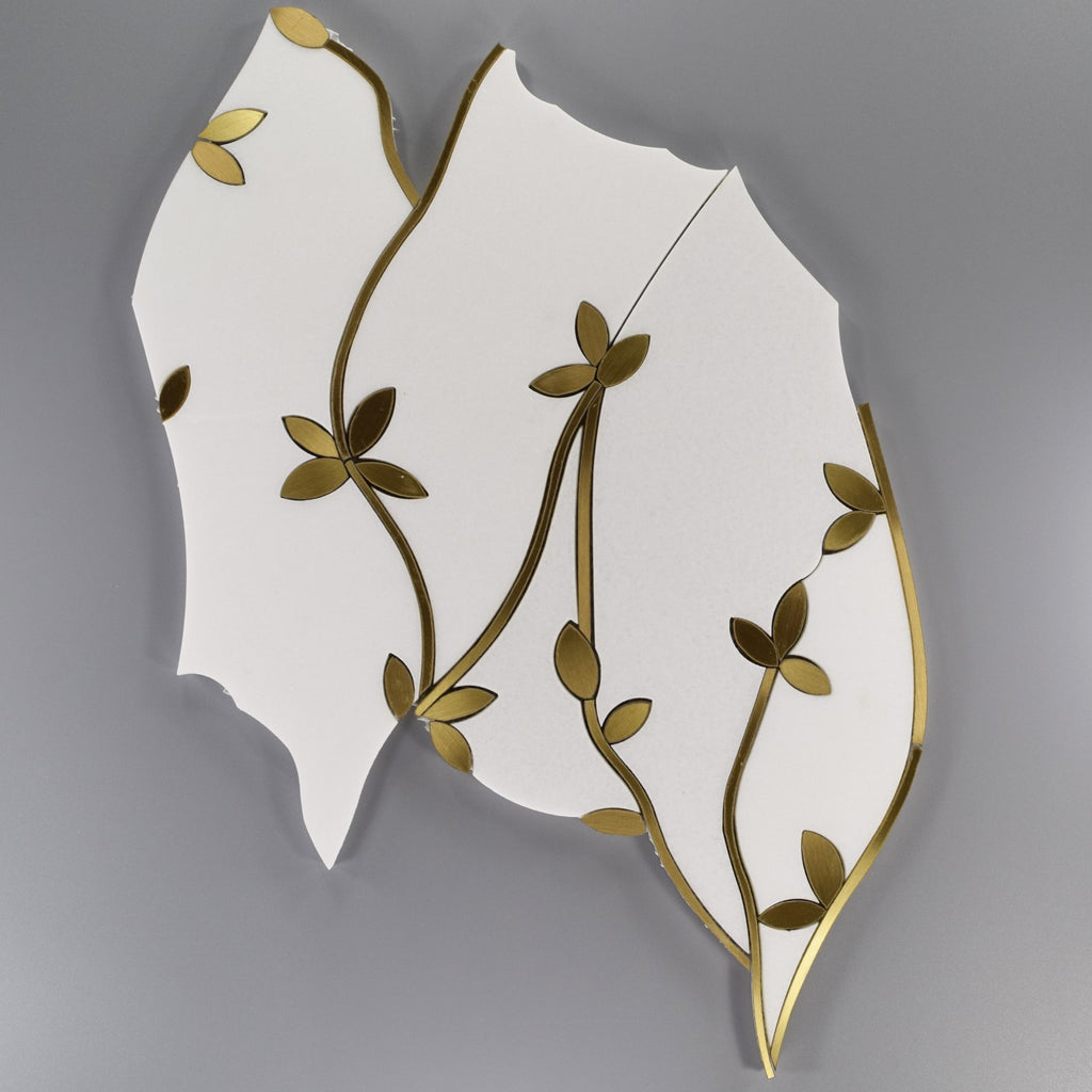 Golden Wild Flowers Waterjet Mosaic Tile in White Thassos Marble & Brass | TileBuys