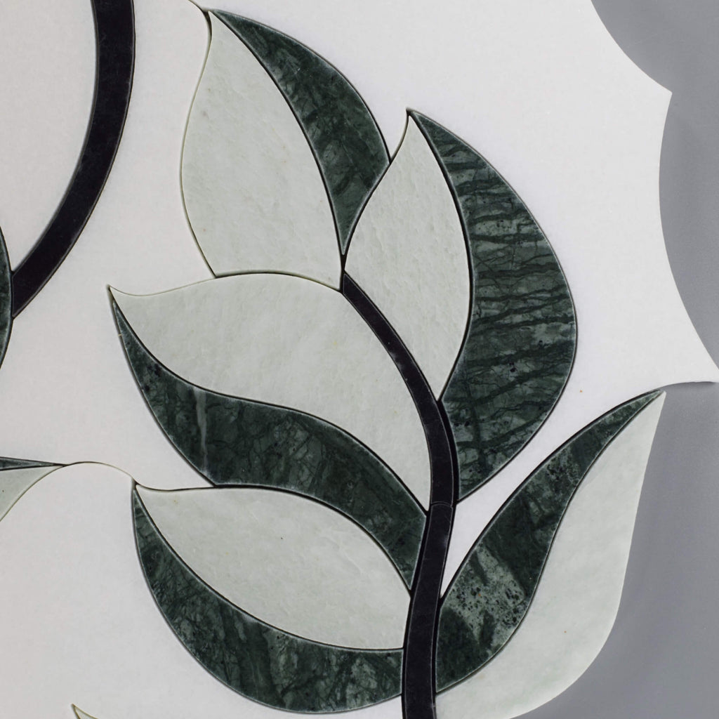 Thassos White, Nero Black, and Verde Green Leaf Marble Waterjet Mosaic Tile