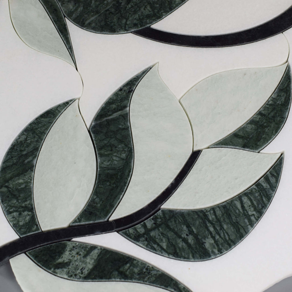 Thassos White, Nero Black, and Verde Green Leaf Marble Waterjet Mosaic Tile