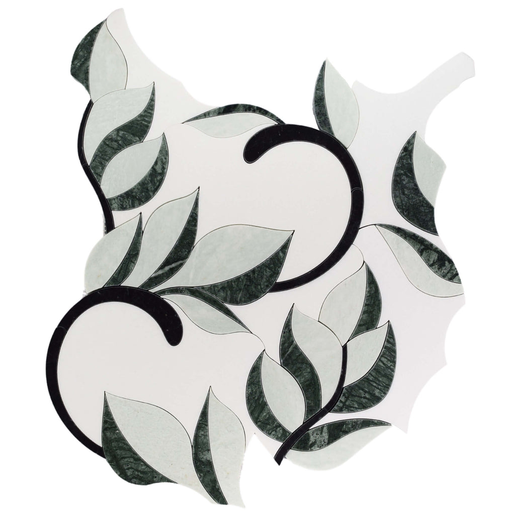 Thassos White, Nero Black, and Verde Green Leaf Marble Waterjet Mosaic Tile
