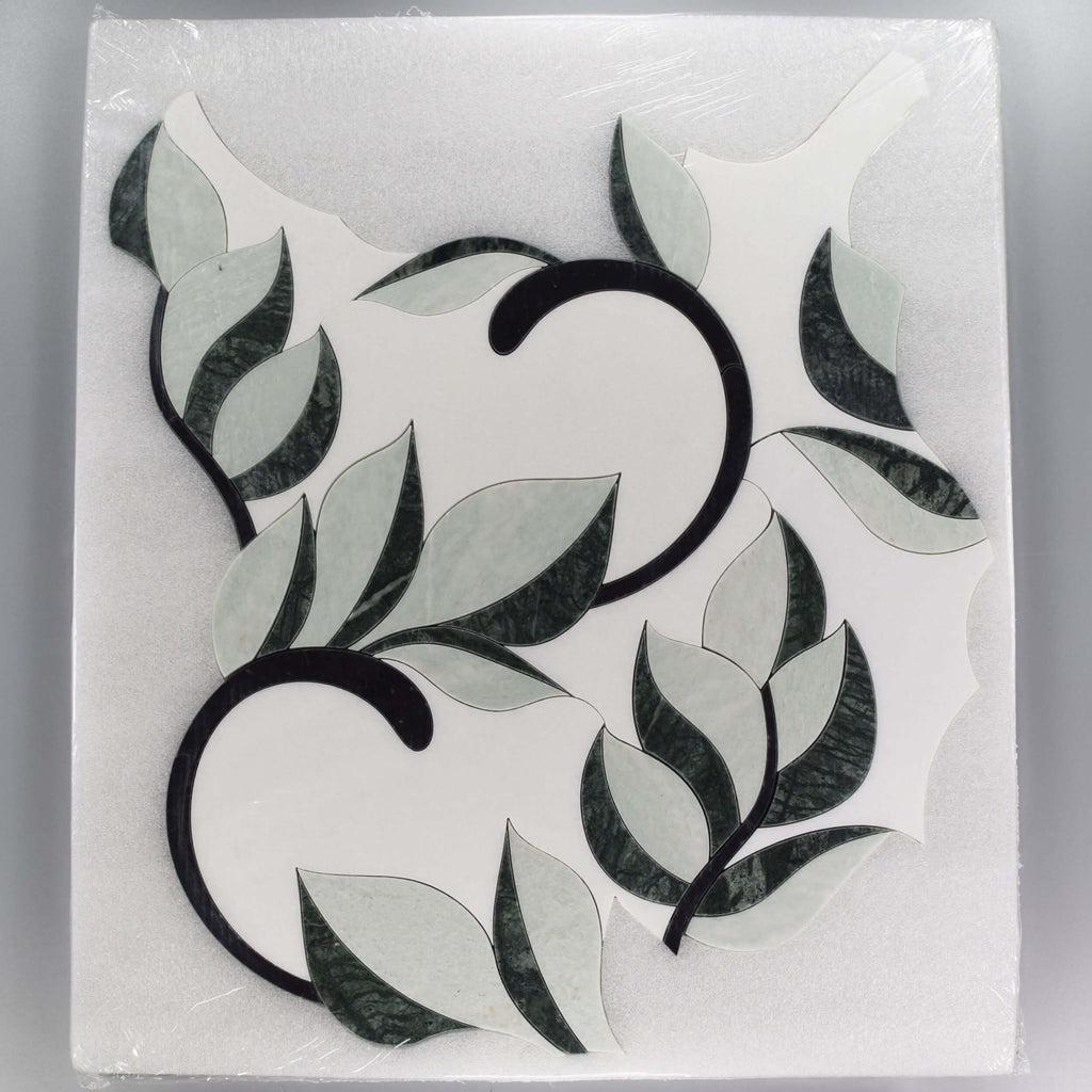 Thassos White, Nero Black, and Verde Green Leaf Marble Waterjet Mosaic Tile