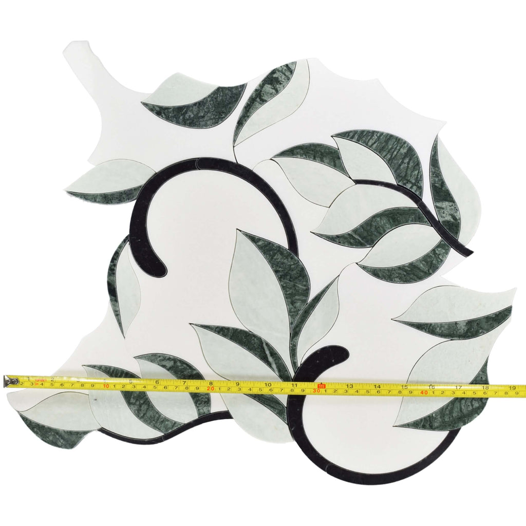 Thassos White, Nero Black, and Verde Green Leaf Marble Waterjet Mosaic Tile