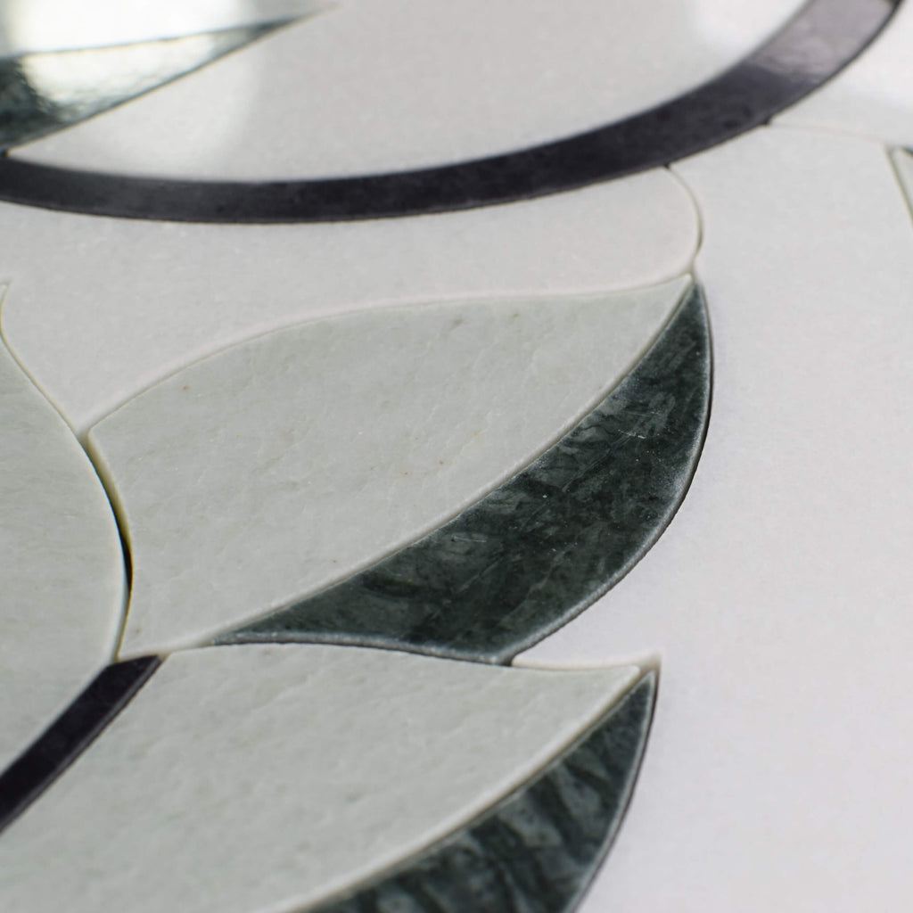 Thassos White, Nero Black, and Verde Green Leaf Marble Waterjet Mosaic Tile