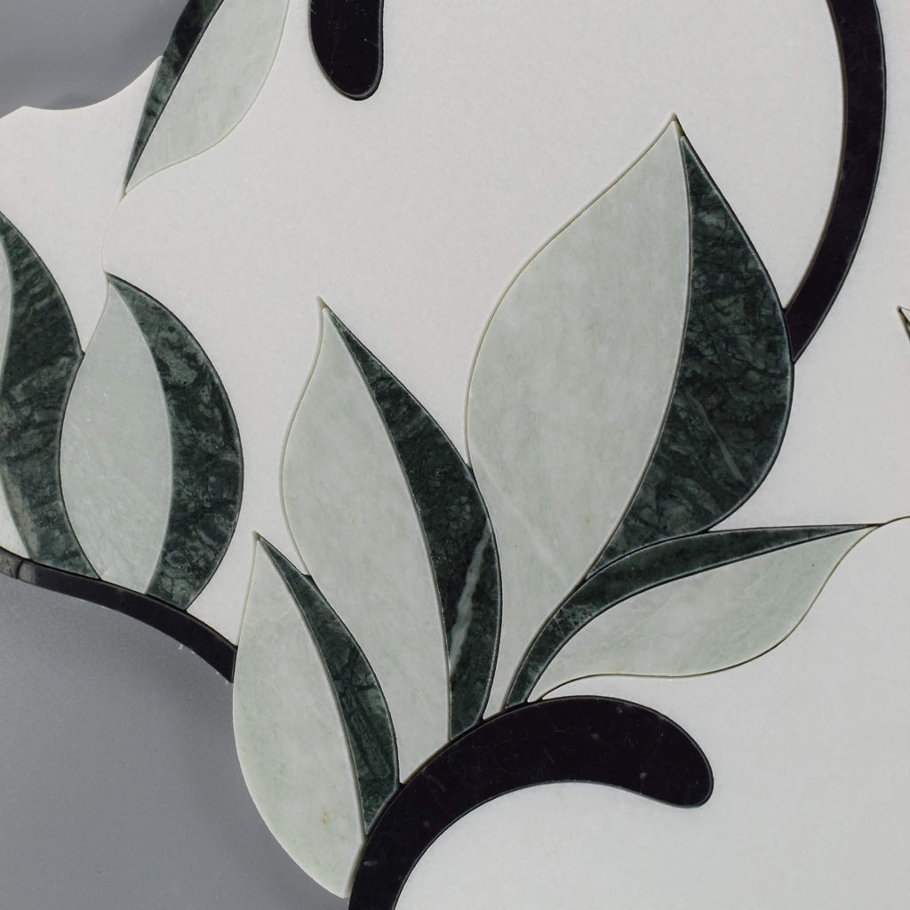 Thassos White, Nero Black, and Verde Green Leaf Marble Waterjet Mosaic Tile