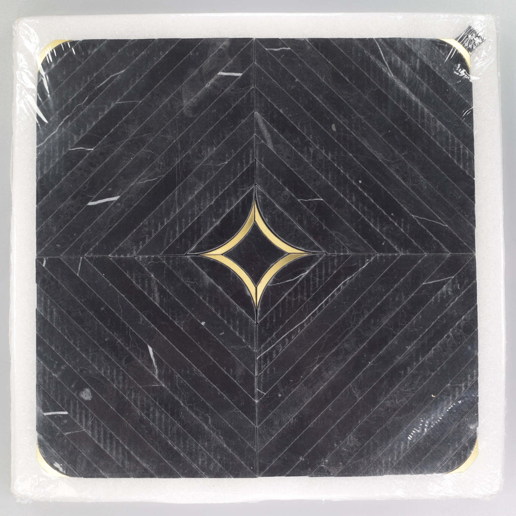 Luxe Nero Black Marble with Brass Inlay Waterjet Mosaic Tile