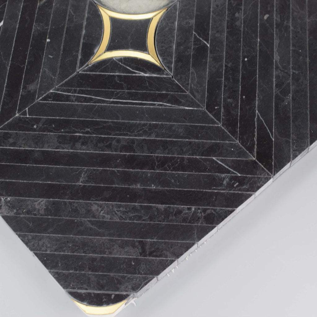 Luxe Nero Black Marble with Brass Inlay Waterjet Mosaic Tile