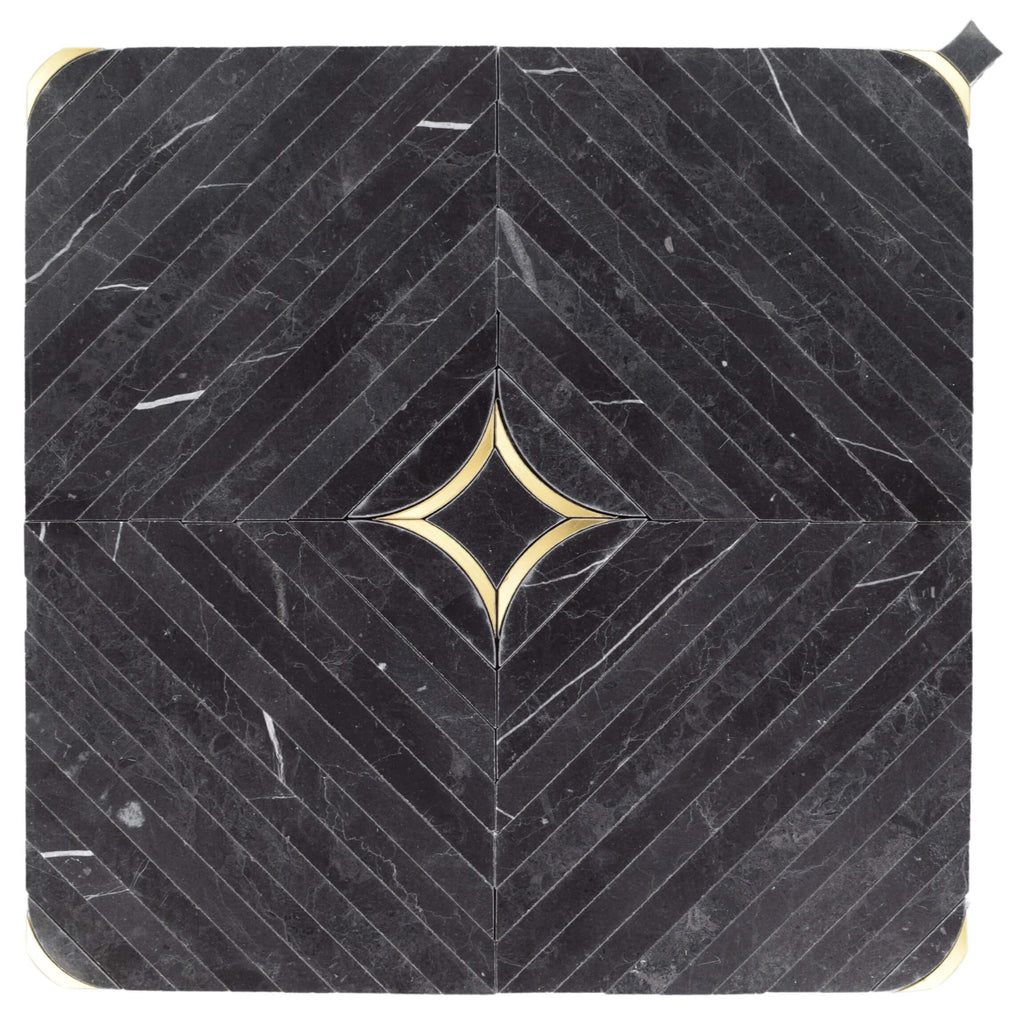Luxe Nero Black Marble with Brass Inlay Waterjet Mosaic Tile