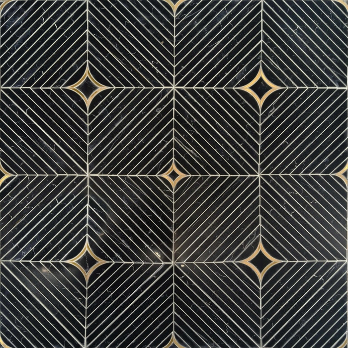 Luxe Nero Black Marble with Brass Inlay Waterjet Mosaic Tile