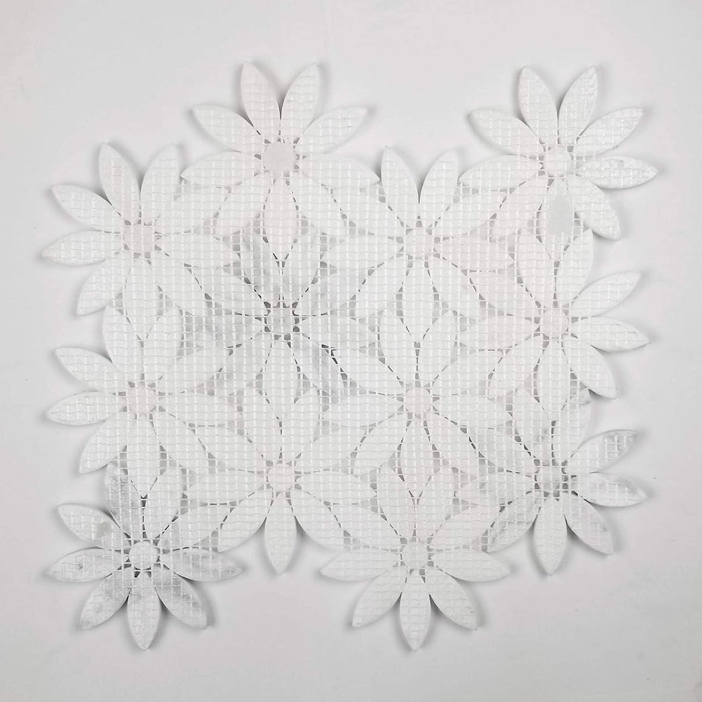 Luxe Tuscant Flower Marble Waterjet Mosaic Tile - Carrara White | TileBuys