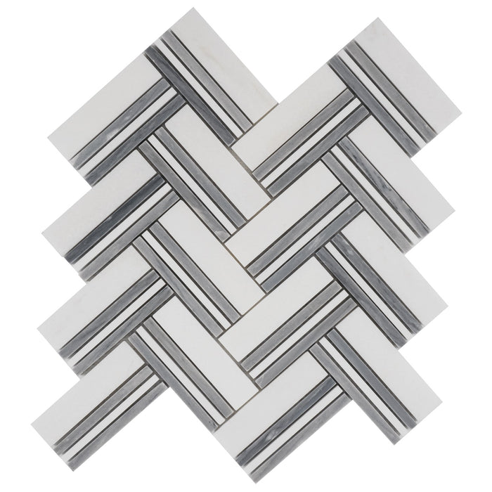 4.6 Sq Ft of White & Blue Gray Marble Herringbone Mosaic Tile
