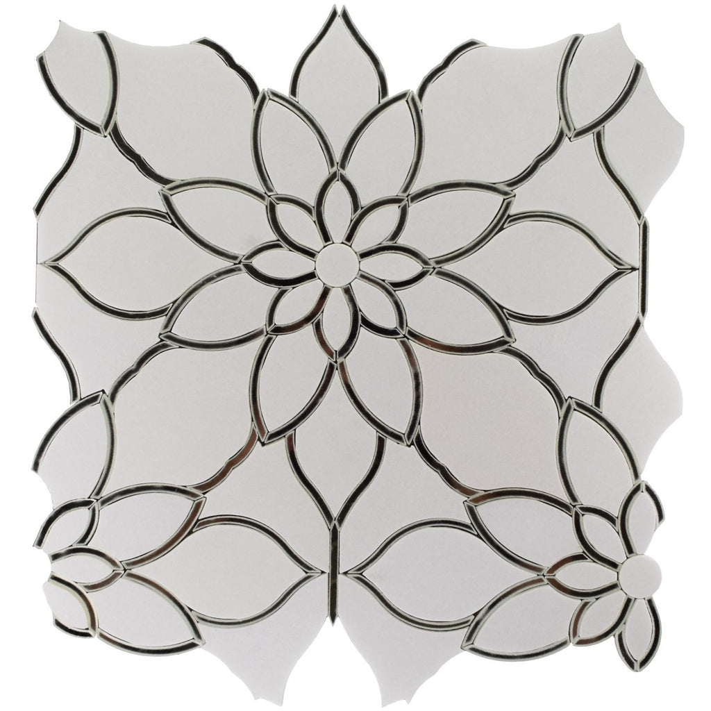 Mirror Glass & White Thassos Marble Floral Waterjet Mosaic Tile | TileBuys
