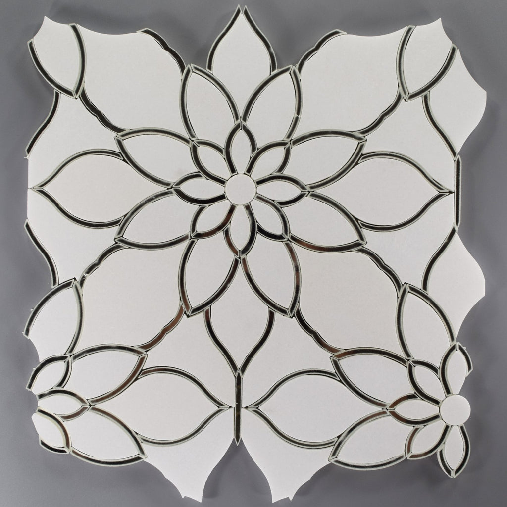 Mirror Glass & White Thassos Marble Floral Waterjet Mosaic Tile | TileBuys