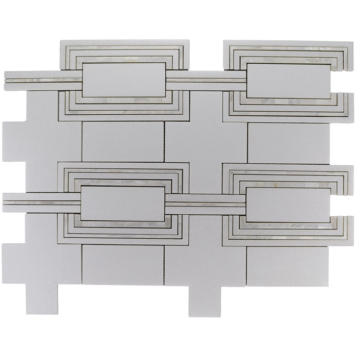 Modern Deco Waterjet Mosaic Tile in White Thassos & Mother of Pearl | TileBuys