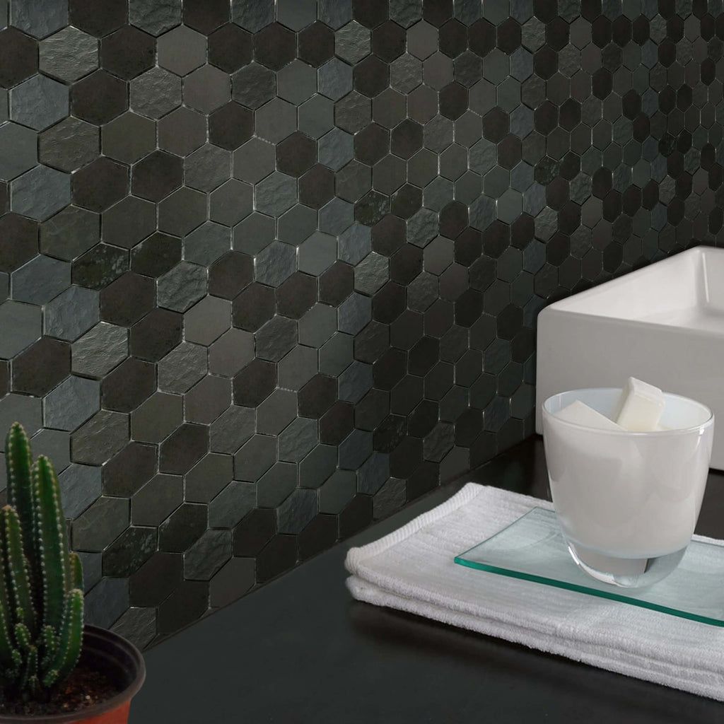 Multi Finish Porcelain Dark Charcoal Grey 2" Hexagon Tile