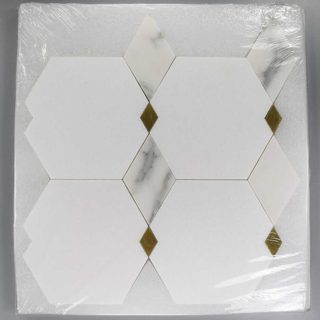 Calacatta and Thassos Marble with Brass Accent Waterjet Mosaic Tile in Falling Diamonds