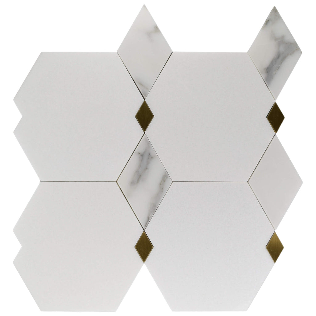 Calacatta and Thassos Marble with Brass Accent Waterjet Mosaic Tile in Falling Diamonds