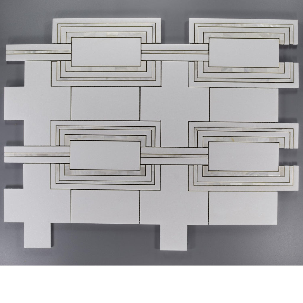 Modern Deco Waterjet Mosaic Tile in White Thassos & Mother of Pearl | TileBuys