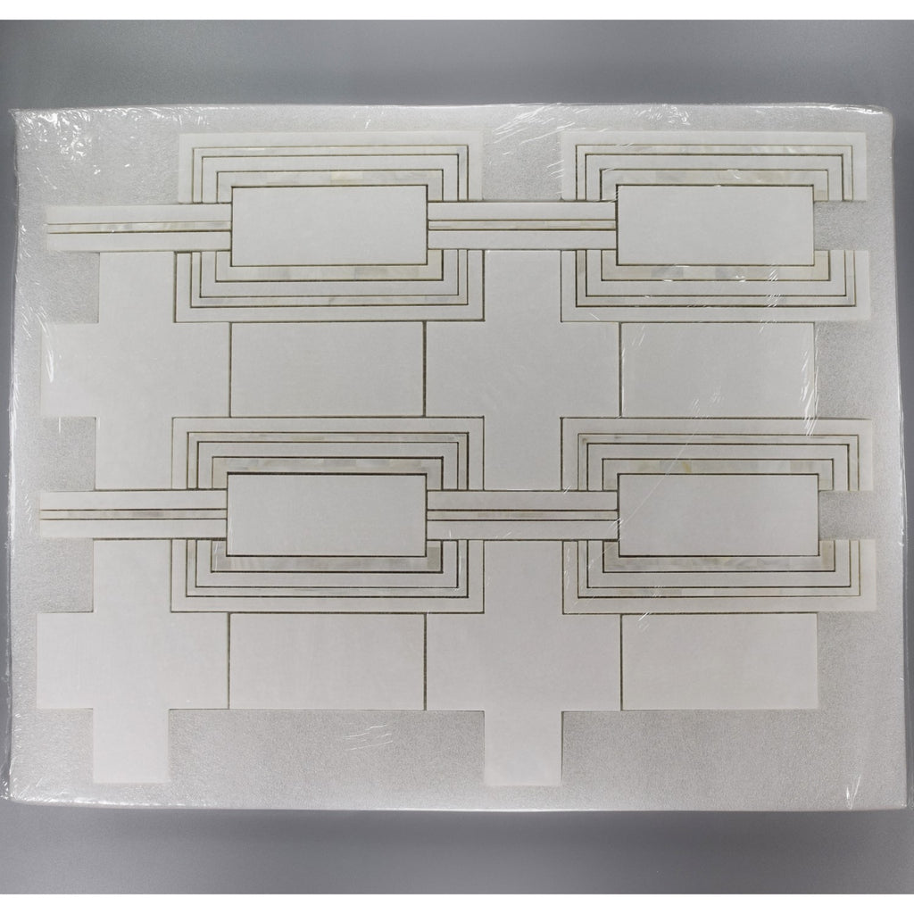 Modern Deco Waterjet Mosaic Tile in White Thassos & Mother of Pearl | TileBuys
