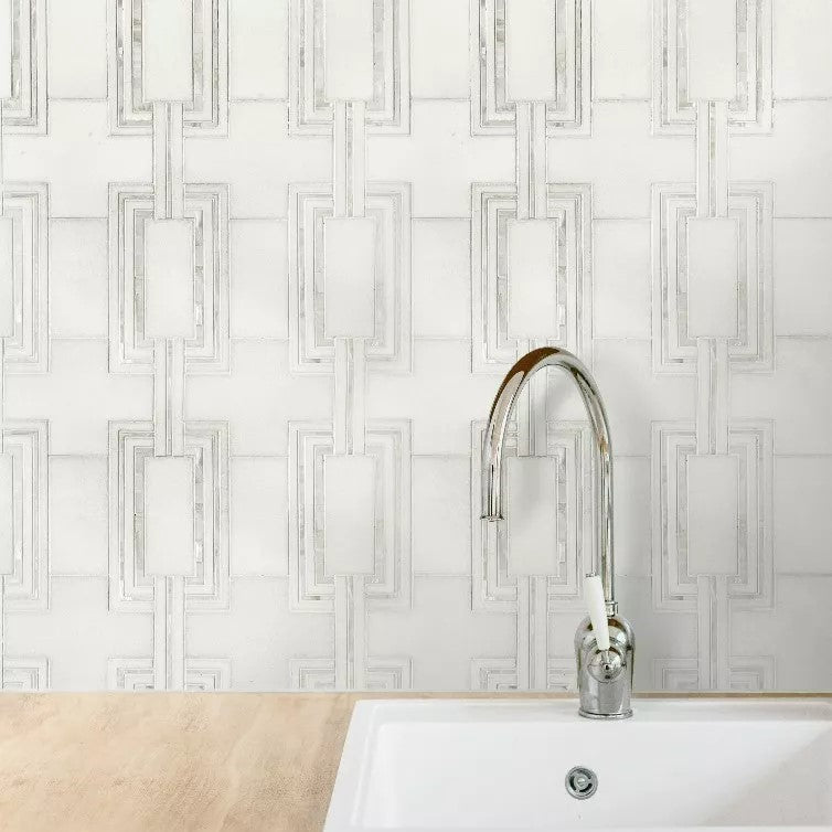 Modern Deco Waterjet Mosaic Tile in White Thassos & Mother of Pearl | TileBuys