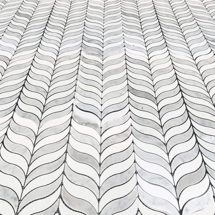 Carrara & Thassos Marble Feather Leaf Mosaic Tile in Tranquil Grace Wings