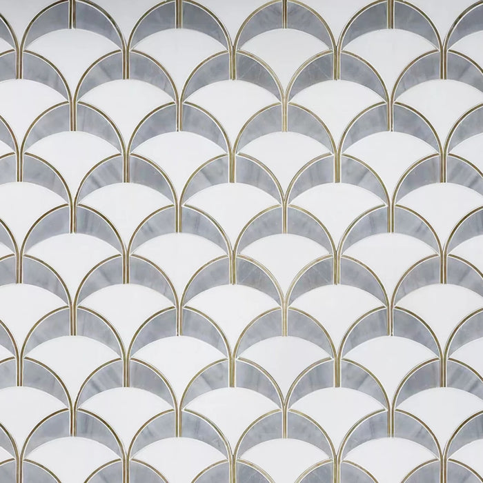 White and Gray Marble Scallop Tile Backsplash with Gold Brass Accents