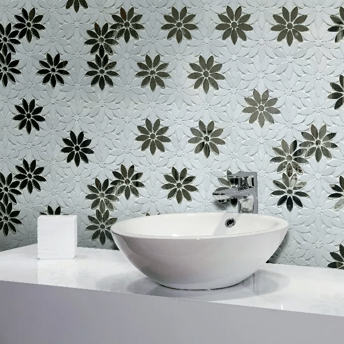 Antique Mirror &amp; Thassos Daisy Flowers Mosaic Tile | TileBuys