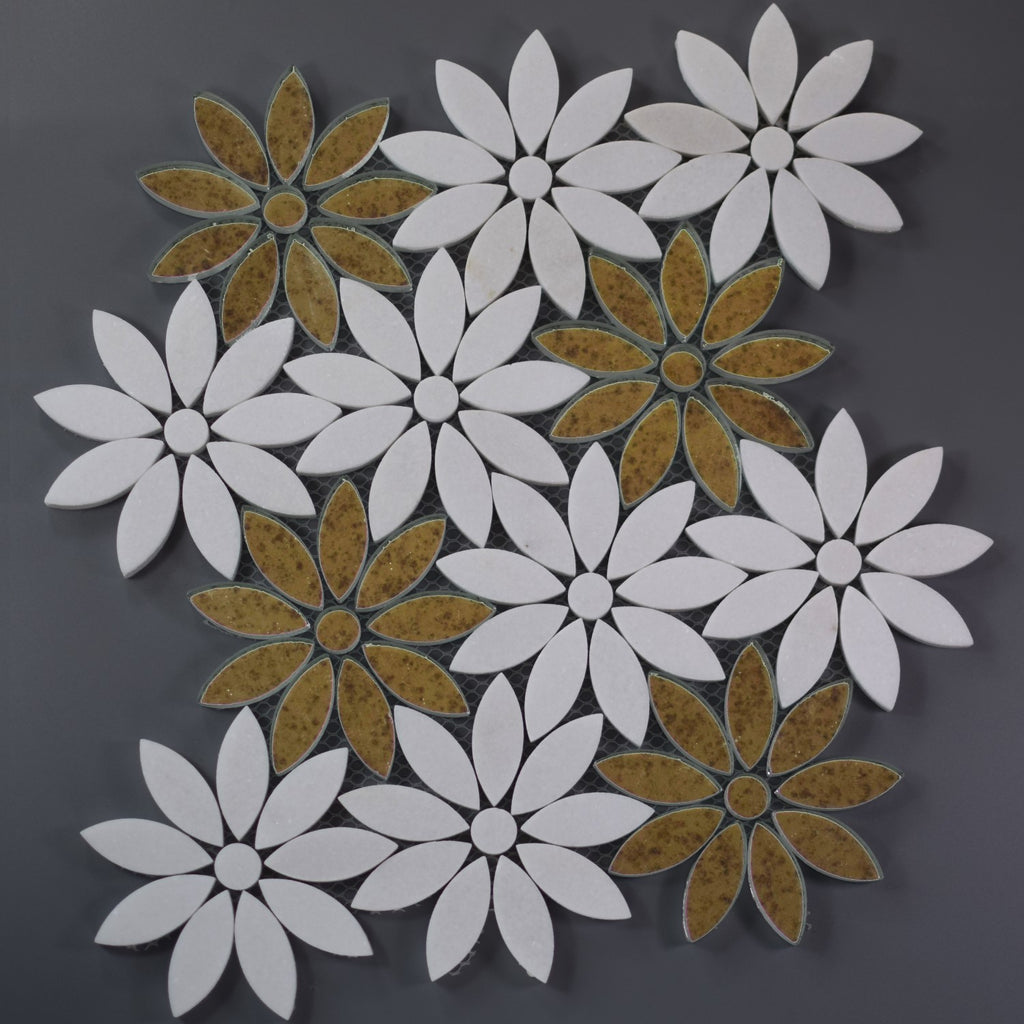 Antique Mirror & Thassos Daisy Flowers Mosaic Tile | TileBuys